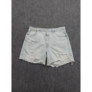 Levis 501 Shorts Womens 34 Blue Light Wash Denim Distressed Raw Hem Cut Offs